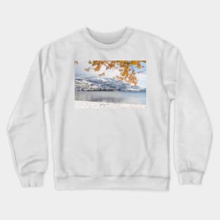 Snow Covered Mountains and Autumn Leaves Reflected in Skaha Lake Crewneck Sweatshirt